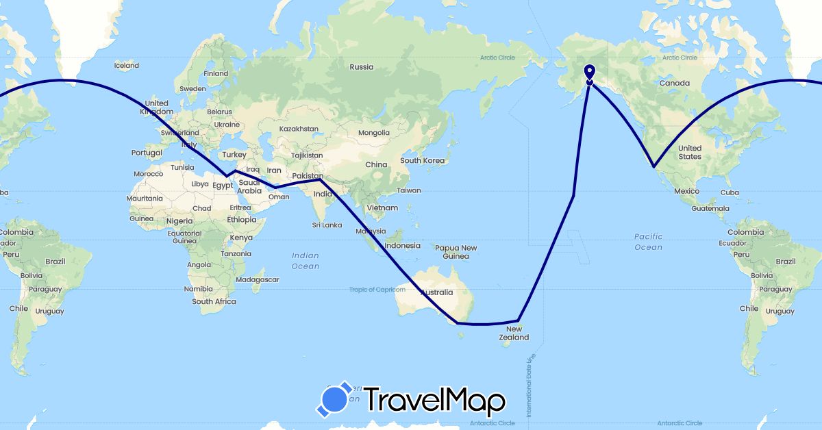 TravelMap itinerary: driving in United Arab Emirates, Australia, Egypt, France, India, Italy, Jordan, New Zealand, Singapore, United States (Africa, Asia, Europe, North America, Oceania)